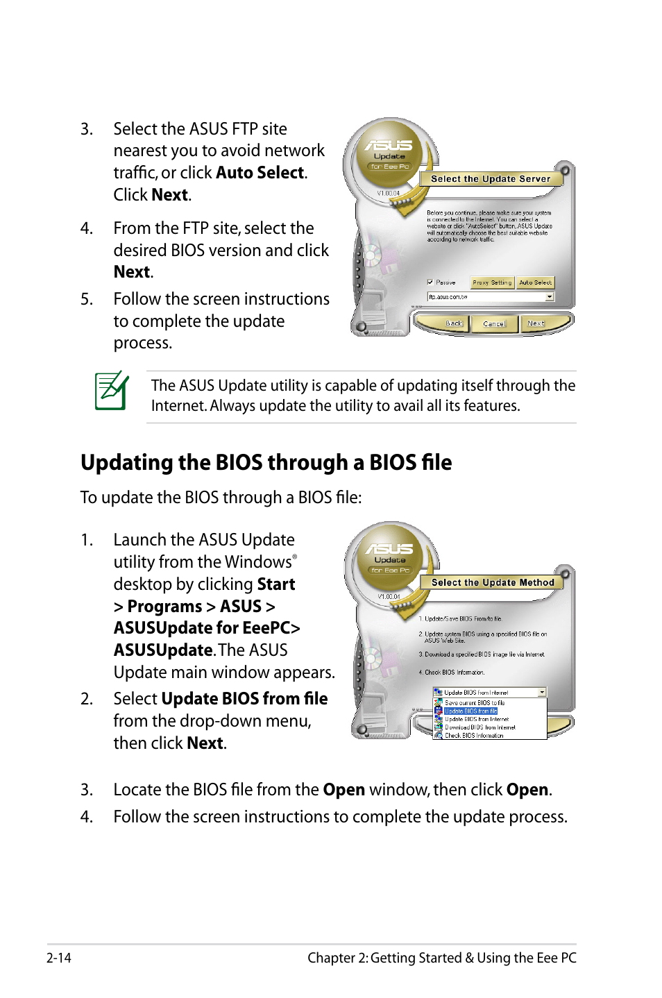 Updating the bios through a bios file | Asus Eee PC 900SD/XP User Manual | Page 34 / 56