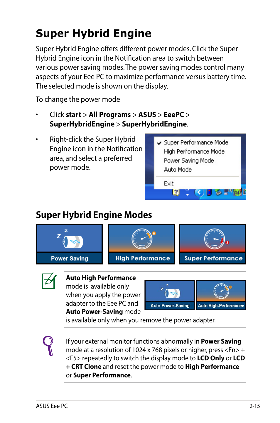 Super hybrid engine, Super hybrid engine modes | Asus Eee PC 900SD/XP User Manual | Page 35 / 56