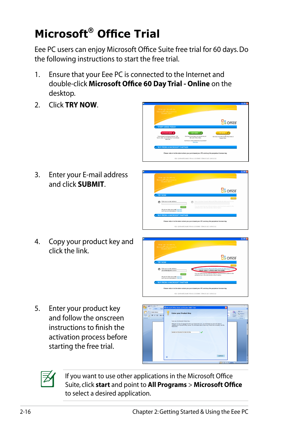 Microsoft, Office trial | Asus Eee PC 900SD/XP User Manual | Page 36 / 56