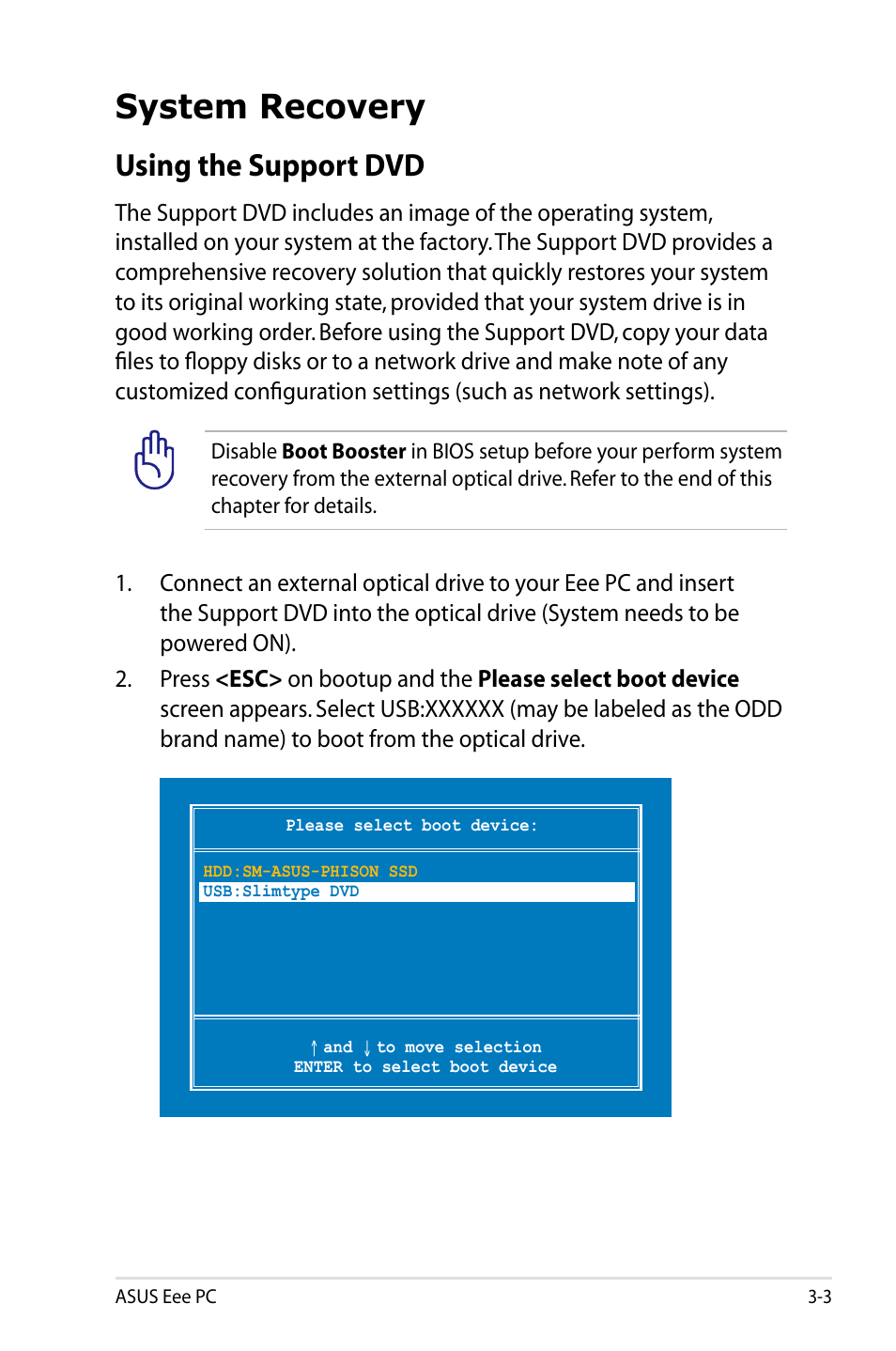 System recovery, Using the support dvd | Asus Eee PC 900SD/XP User Manual | Page 41 / 56