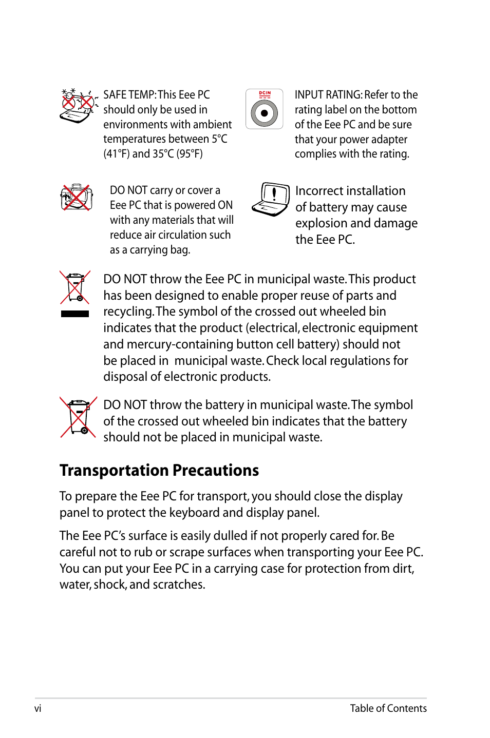 Transportation precautions | Asus Eee PC 900SD/XP User Manual | Page 6 / 56