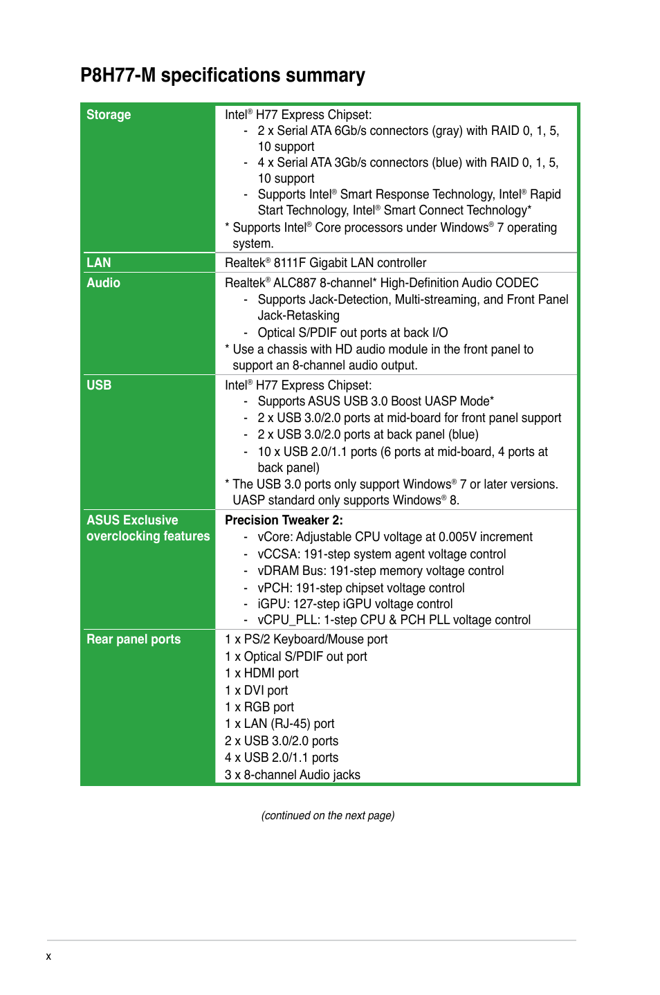 P8h77-m specifications summary | Asus P8H77-M User Manual | Page 10 / 96