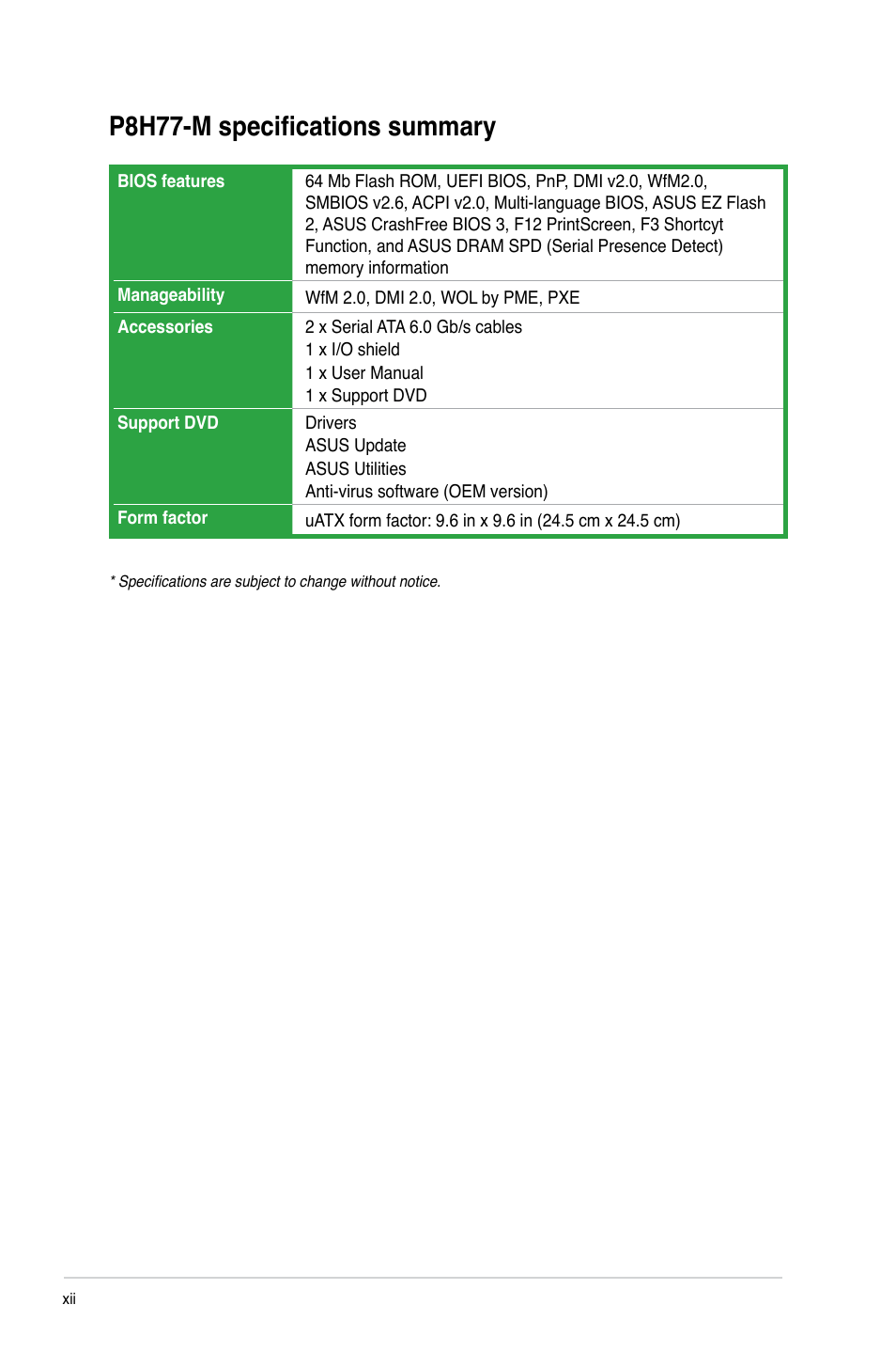 P8h77-m specifications summary | Asus P8H77-M User Manual | Page 12 / 96