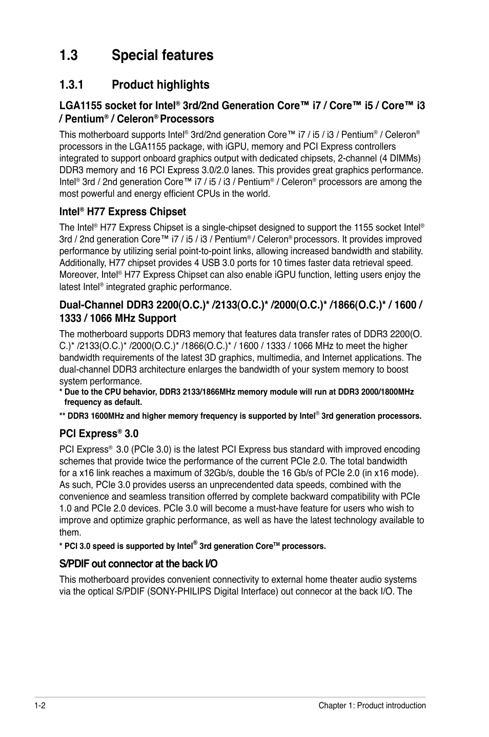 3 special features, 1 product highlights, Special features -2 1.3.1 | Product highlights -2, Lga1155 socket for intel, Celeron, Processors, Intel, H77 express chipset, Pci express | Asus P8H77-M User Manual | Page 14 / 96