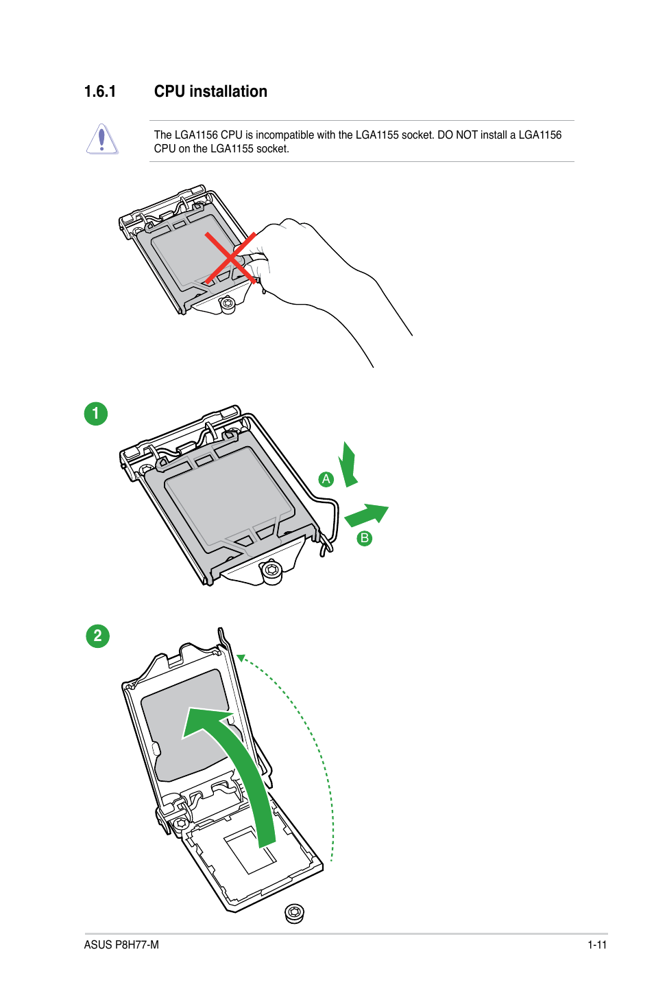 1 cpu installation, Cpu installation -11 | Asus P8H77-M User Manual | Page 23 / 96