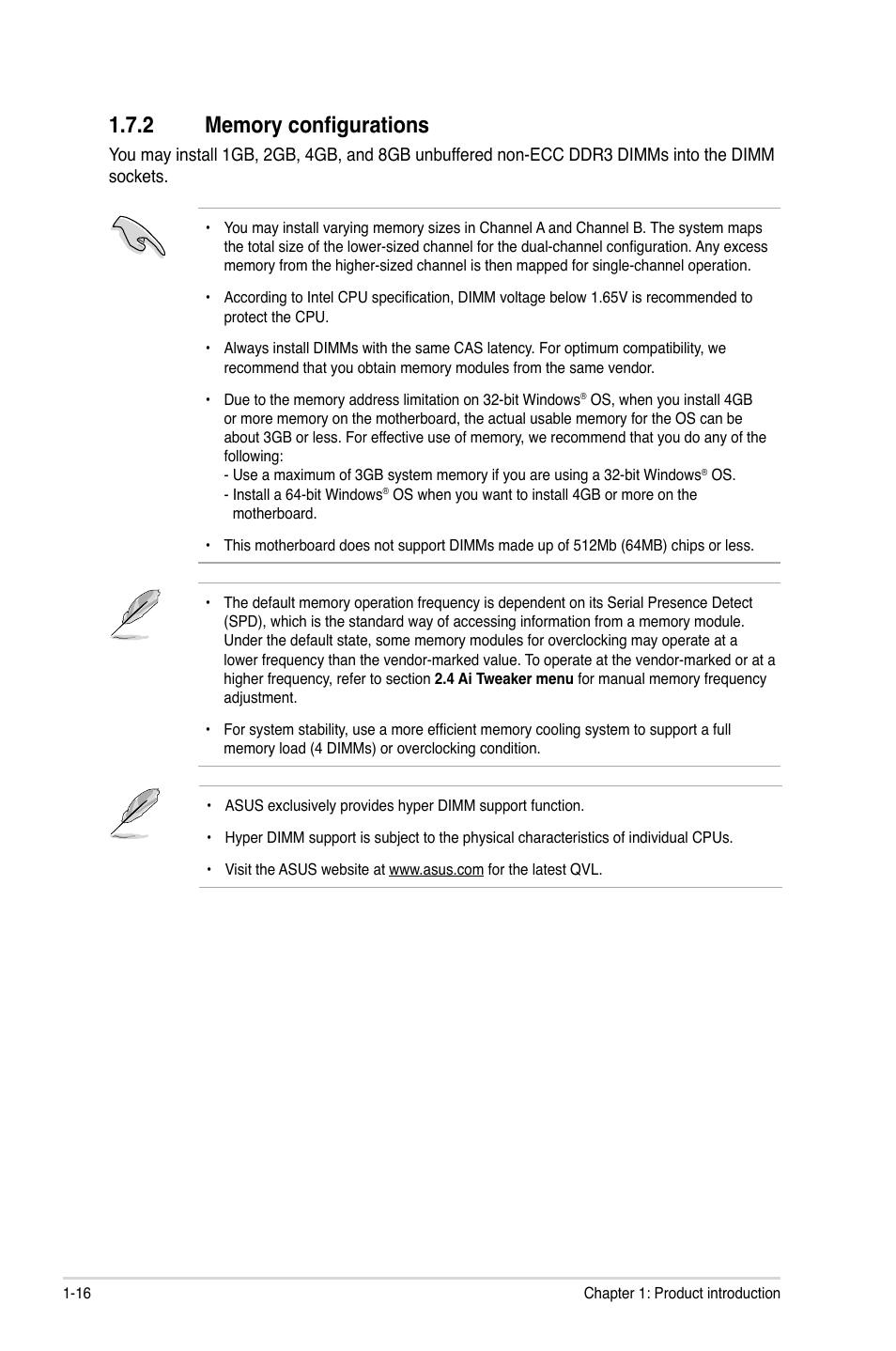 2 memory configurations, Memory configurations -16 | Asus P8H77-M User Manual | Page 28 / 96