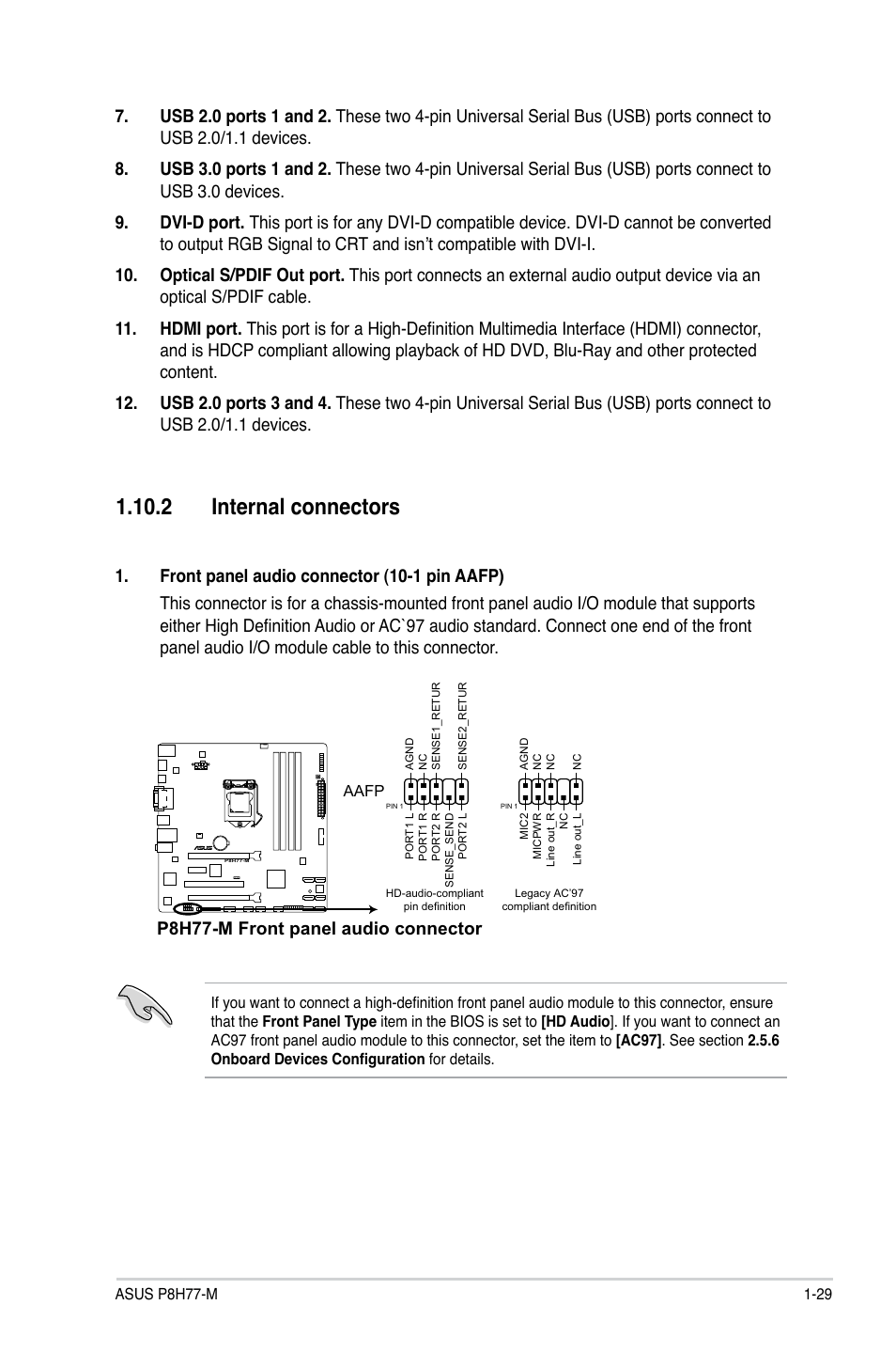 2 internal connectors, 2 internal connectors -29, P8h77-m front panel audio connector | Asus P8H77-M User Manual | Page 41 / 96