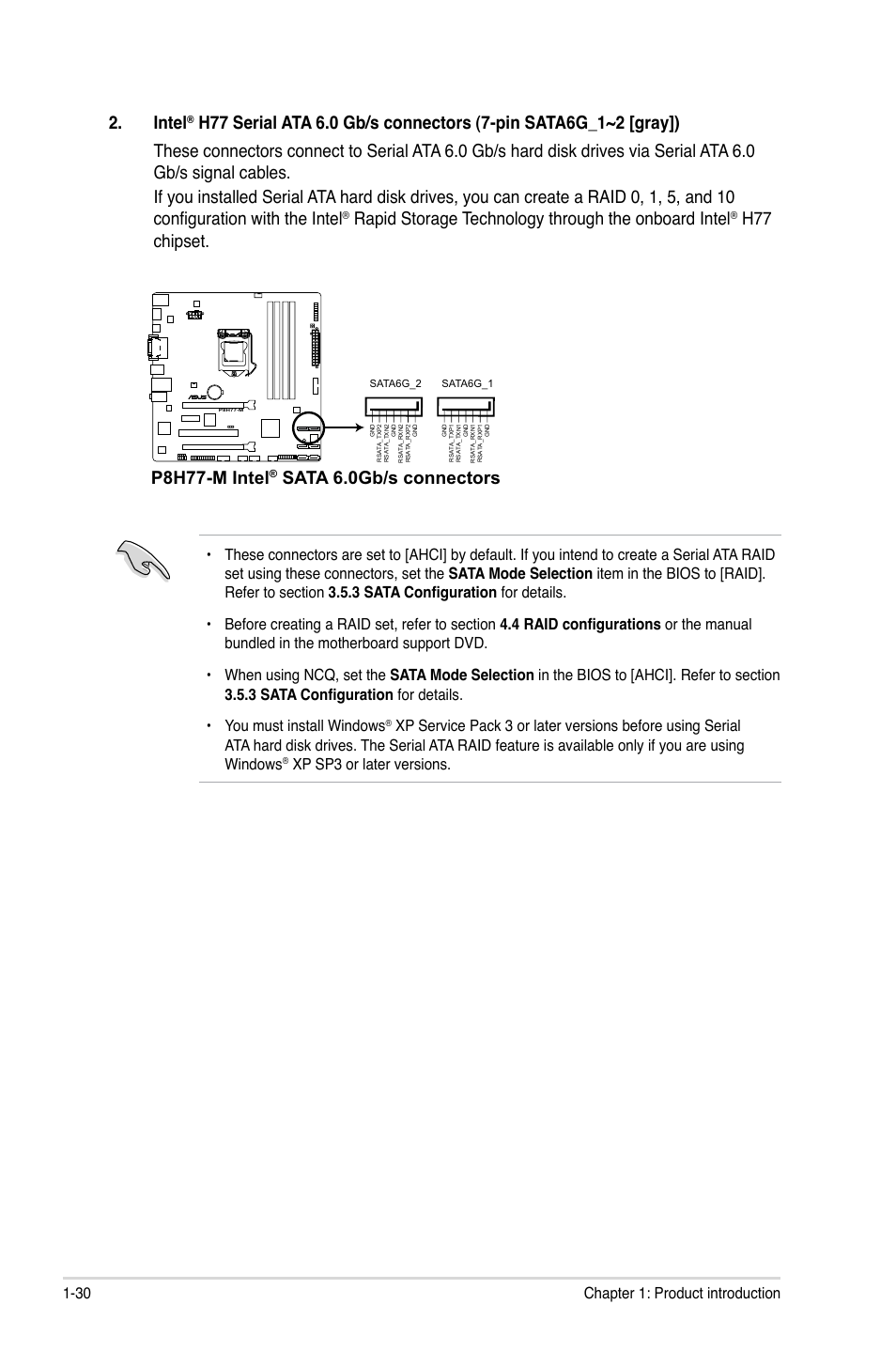 Intel, Rapid storage technology through the onboard intel, H77 chipset | P8h77-m intel, Sata 6.0gb/s connectors, 30 chapter 1: product introduction, Xp sp3 or later versions | Asus P8H77-M User Manual | Page 42 / 96