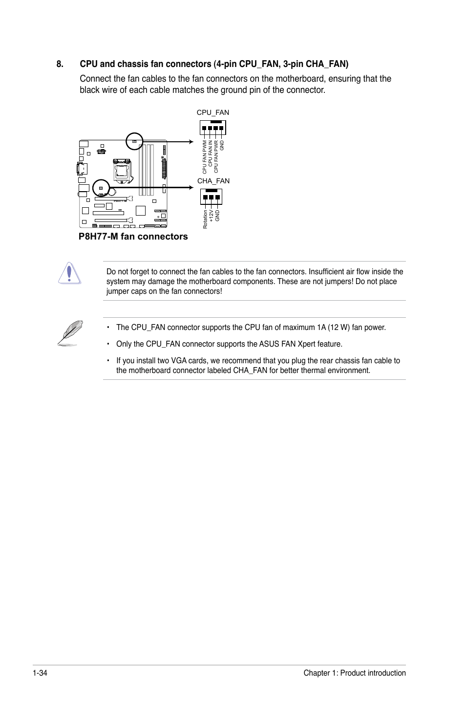 P8h77-m fan connectors, 34 chapter 1: product introduction | Asus P8H77-M User Manual | Page 46 / 96