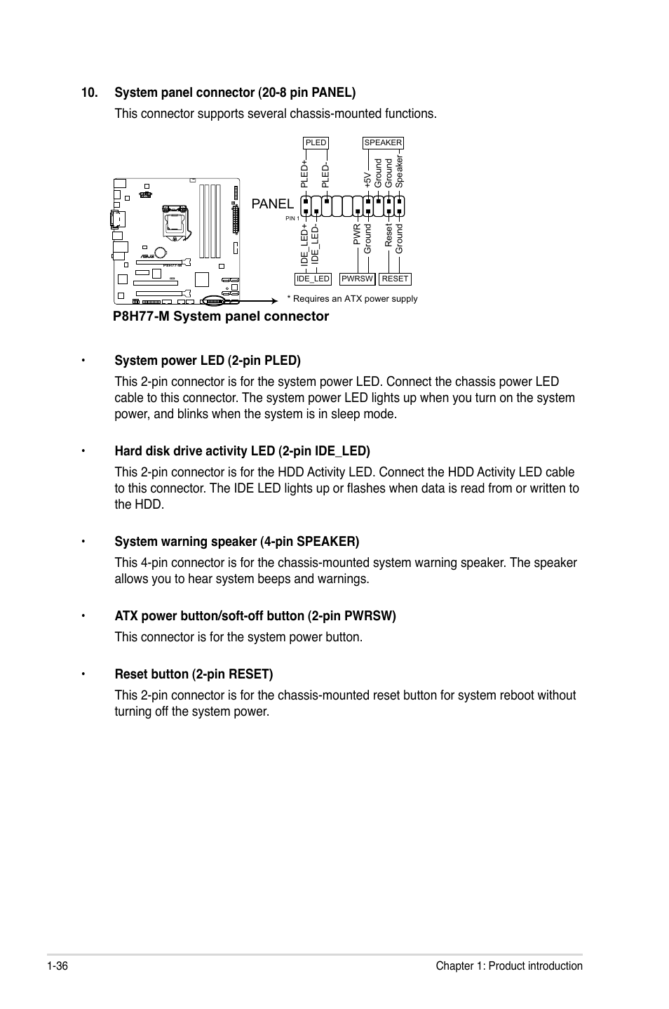 P8h77-m system panel connector, Panel | Asus P8H77-M User Manual | Page 48 / 96