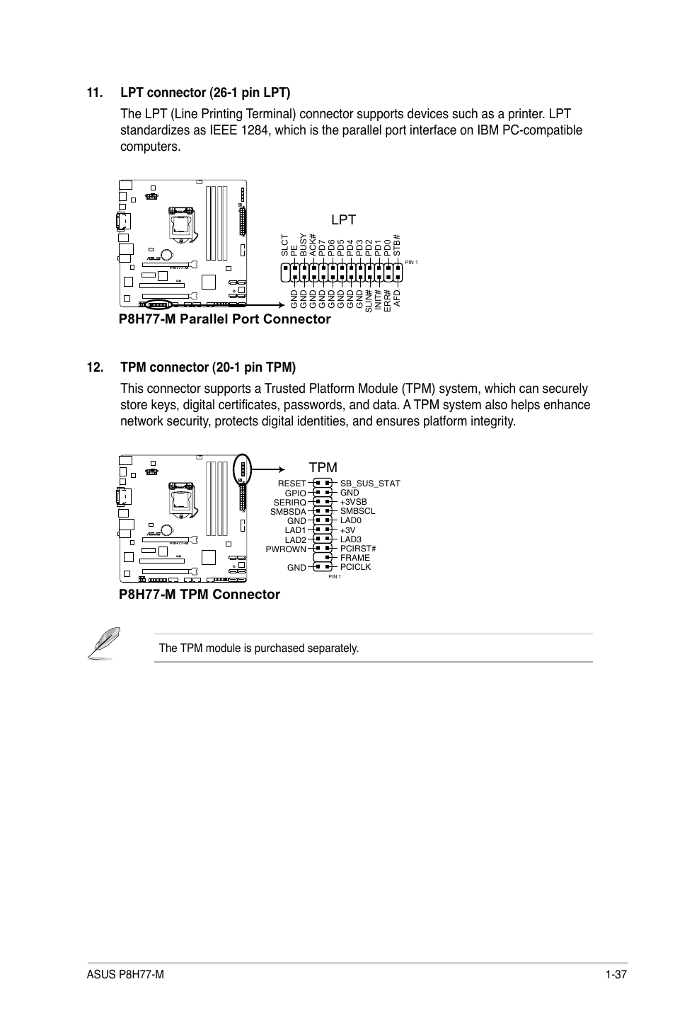 P8h77-m parallel port connector lpt, P8h77-m tpm connector | Asus P8H77-M User Manual | Page 49 / 96