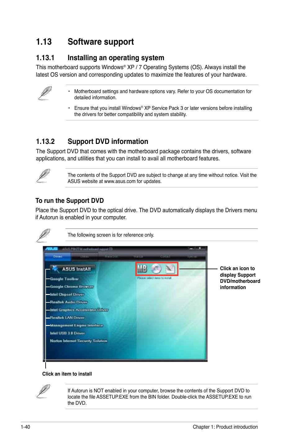 13 software support, 1 installing an operating system, 2 support dvd information | 13 software support -40 | Asus P8H77-M User Manual | Page 52 / 96