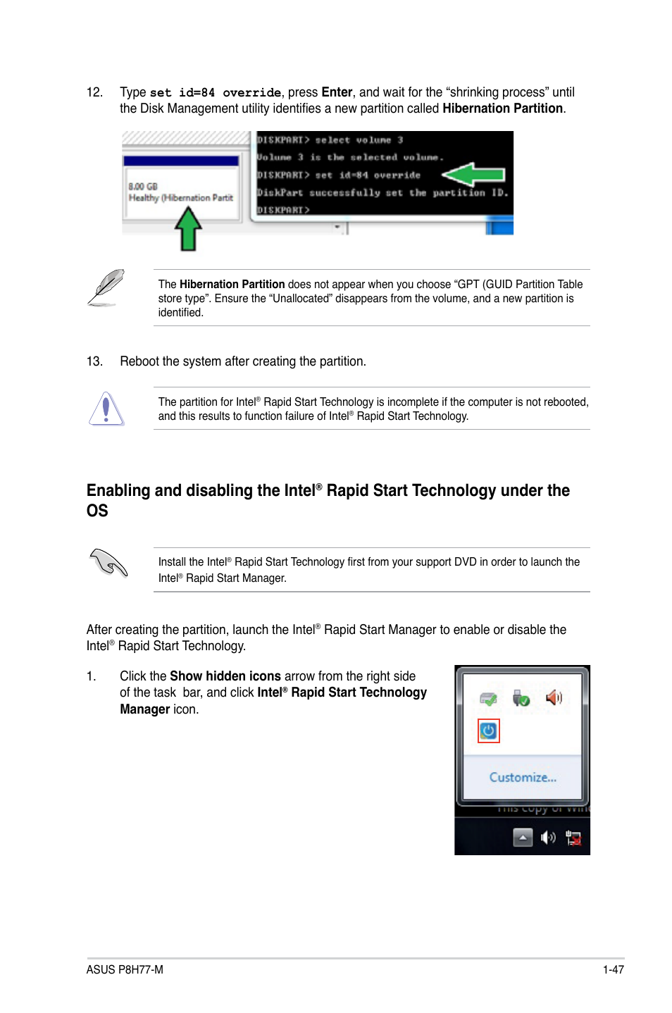 Enabling and disabling the intel, Rapid start technology under the os | Asus P8H77-M User Manual | Page 59 / 96