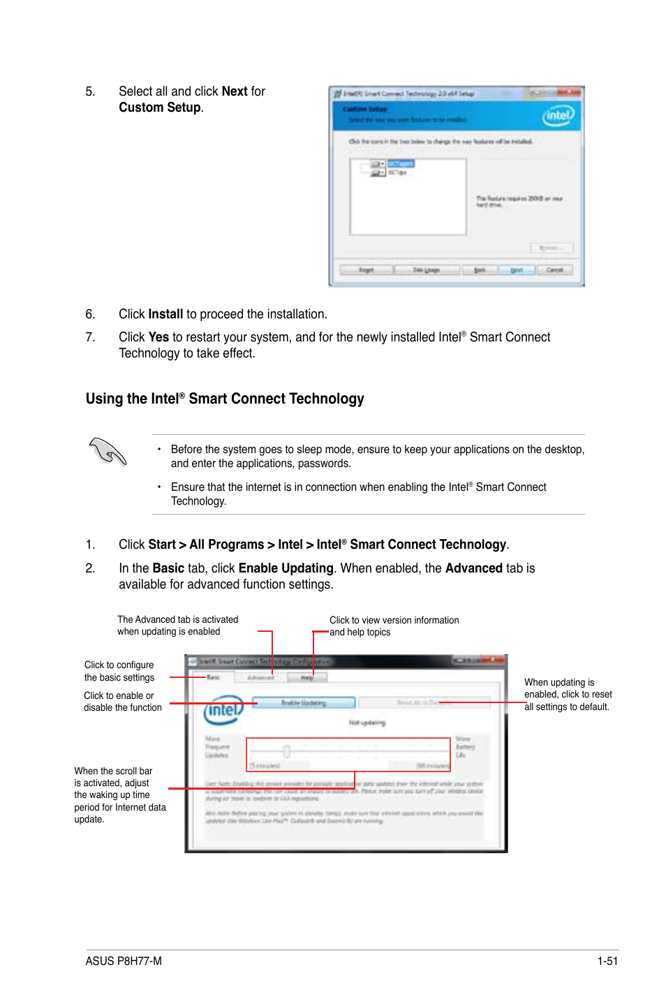 Using the intel, Smart connect technology | Asus P8H77-M User Manual | Page 63 / 96