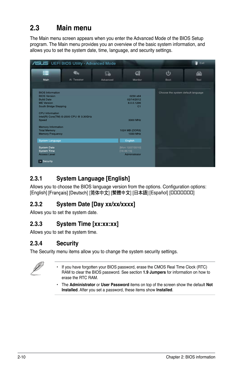 3 main menu, 1 system language [english, 2 system date [day xx/xx/xxxx | 3 system time [xx:xx:xx, 4 security, Main menu -10 2.3.1, System language [english] -10, System date [day xx/xx/xxxx] -10, System time [xx:xx:xx] -10, Security -10 | Asus P8H77-M User Manual | Page 74 / 96