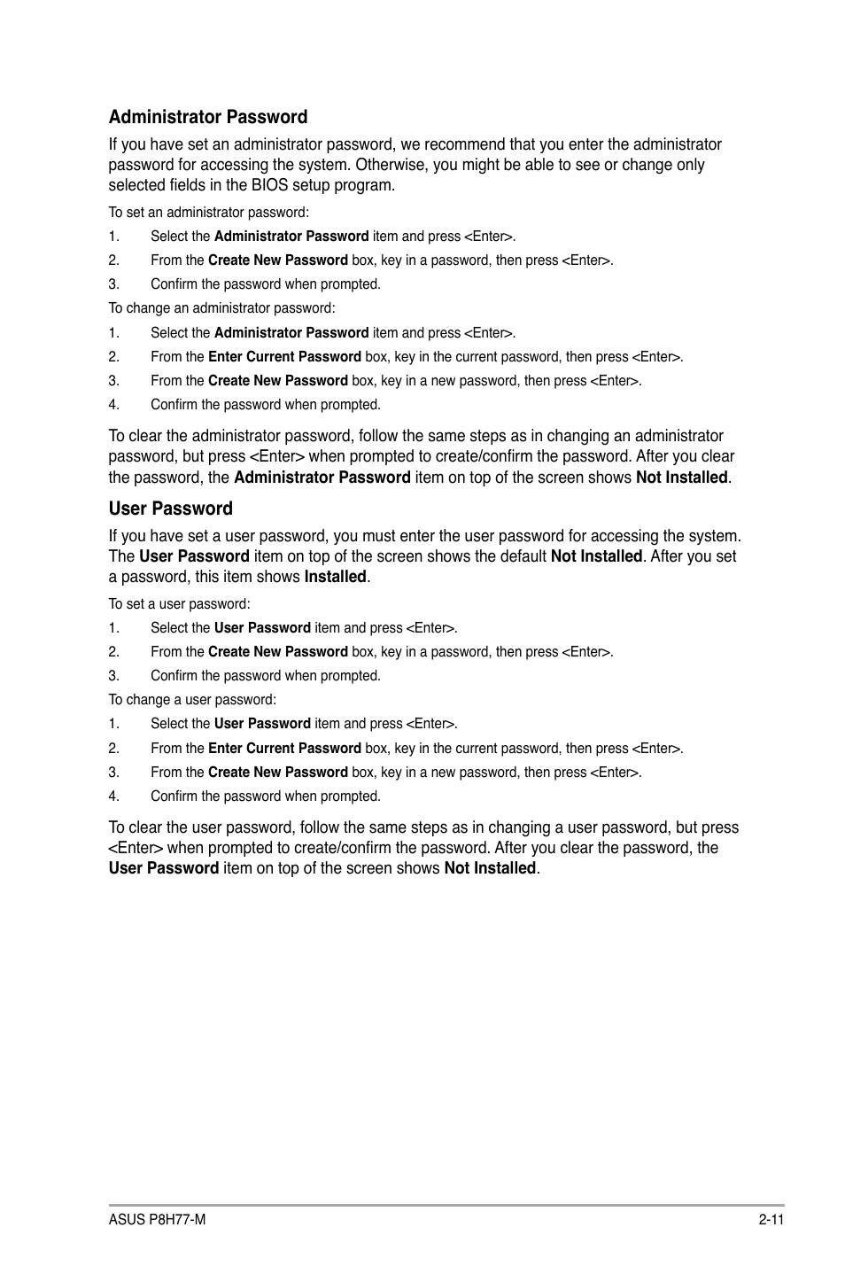 Administrator password, User password | Asus P8H77-M User Manual | Page 75 / 96