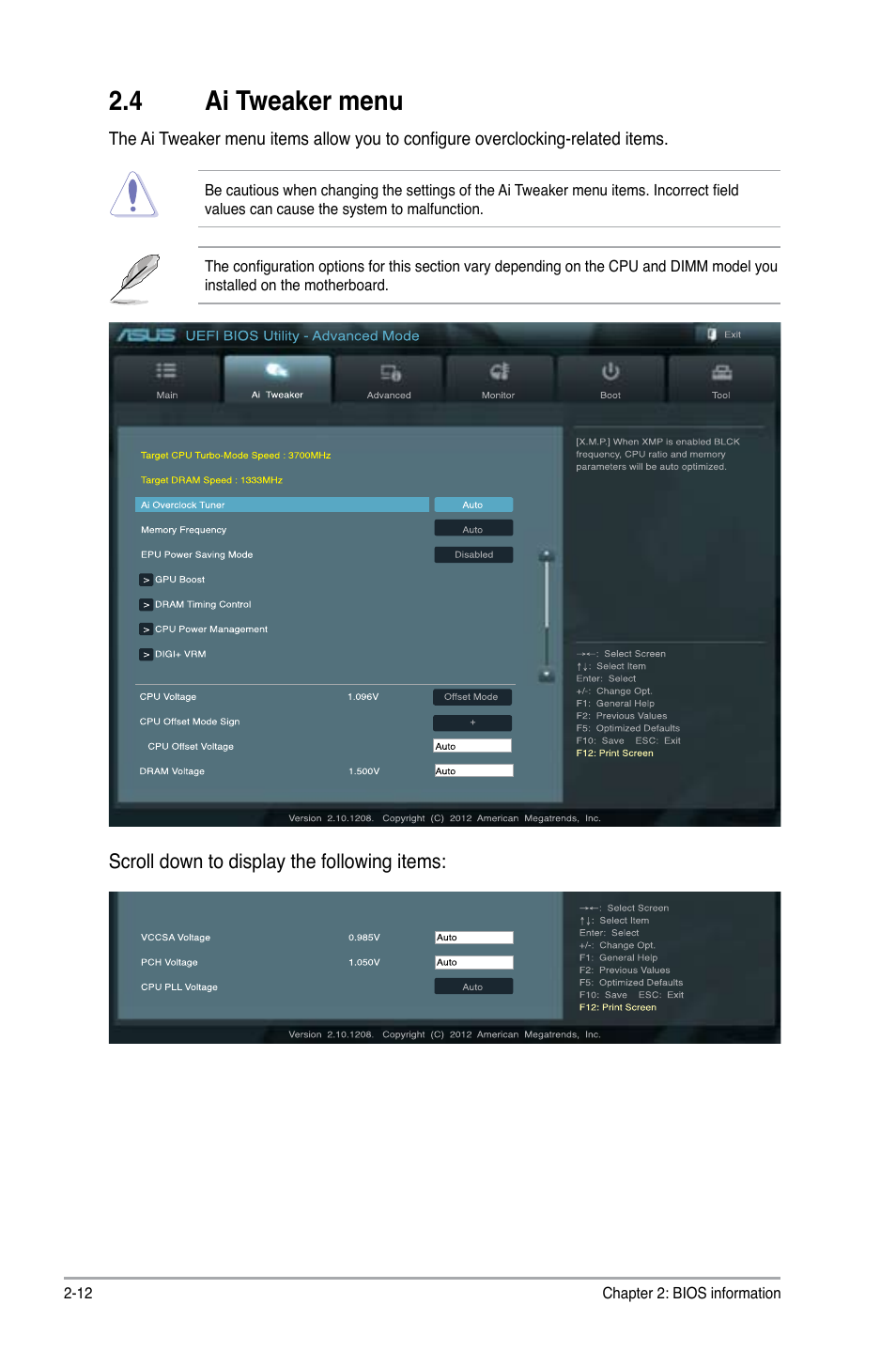 4 ai tweaker menu, Ai tweaker menu -12 | Asus P8H77-M User Manual | Page 76 / 96