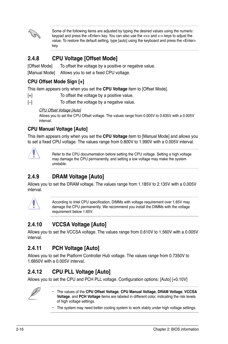 8 cpu voltage [offset mode, 9 dram voltage [auto, 10 vccsa voltage [auto | 11 pch voltage [auto, 12 cpu pll voltage [auto, Cpu voltage [offset mode] -16, Dram voltage [auto] -16 | Asus P8H77-M User Manual | Page 80 / 96