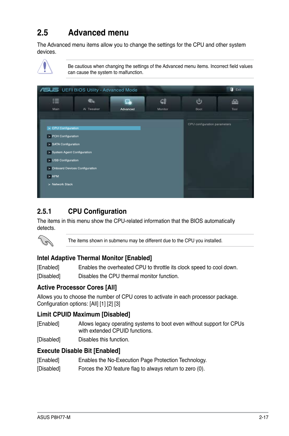 5 advanced menu, 1 cpu configuration, Advanced menu -17 2.5.1 | Cpu configuration -17 | Asus P8H77-M User Manual | Page 81 / 96