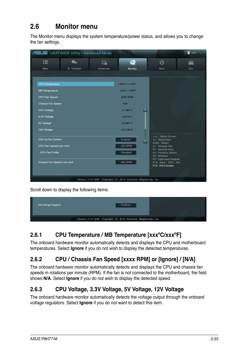 6 monitor menu, 1 cpu temperature / mb temperature [xxxºc/xxxºf, Monitor menu -23 2.6.1 | Cpu temperature / mb temperature [xxxºc/xxxºf] -23 | Asus P8H77-M User Manual | Page 87 / 96