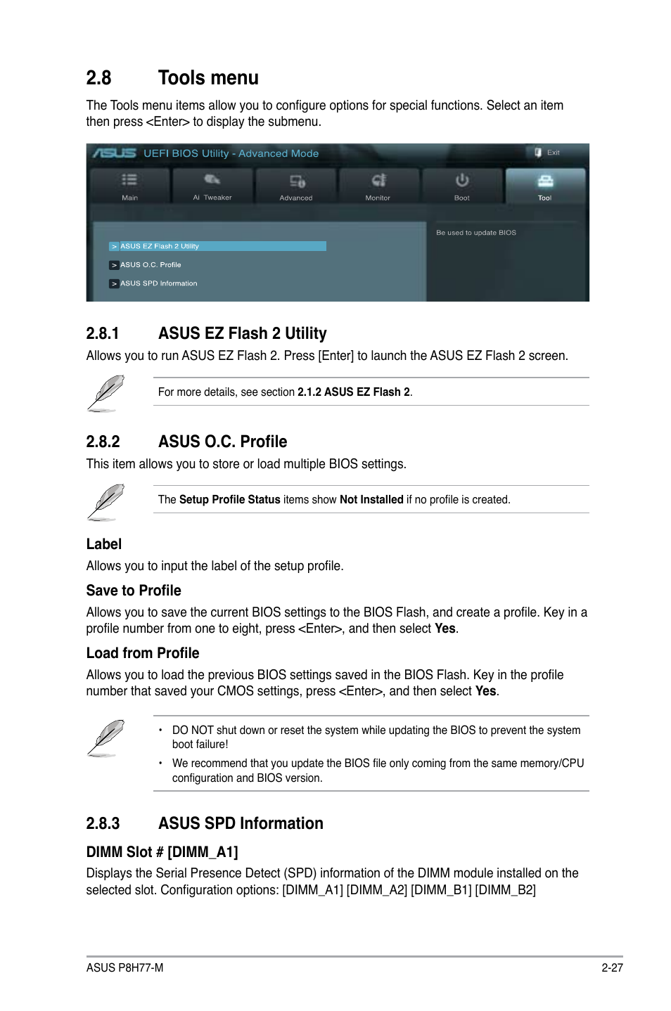 8 tools menu, 1 asus ez flash 2 utility, 2 asus o.c. profile | 3 asus spd information, Tools menu -27 2.8.1, Asus ez flash 2 utility -27, Asus o.c. profile -27, Asus spd information -27 | Asus P8H77-M User Manual | Page 91 / 96