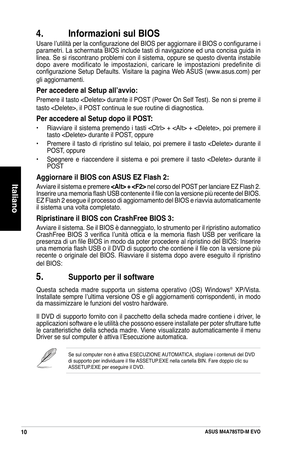 Informazioni sul bios, Italiano, Supporto per il software | Asus M4A785TD-M EVO User Manual | Page 10 / 41