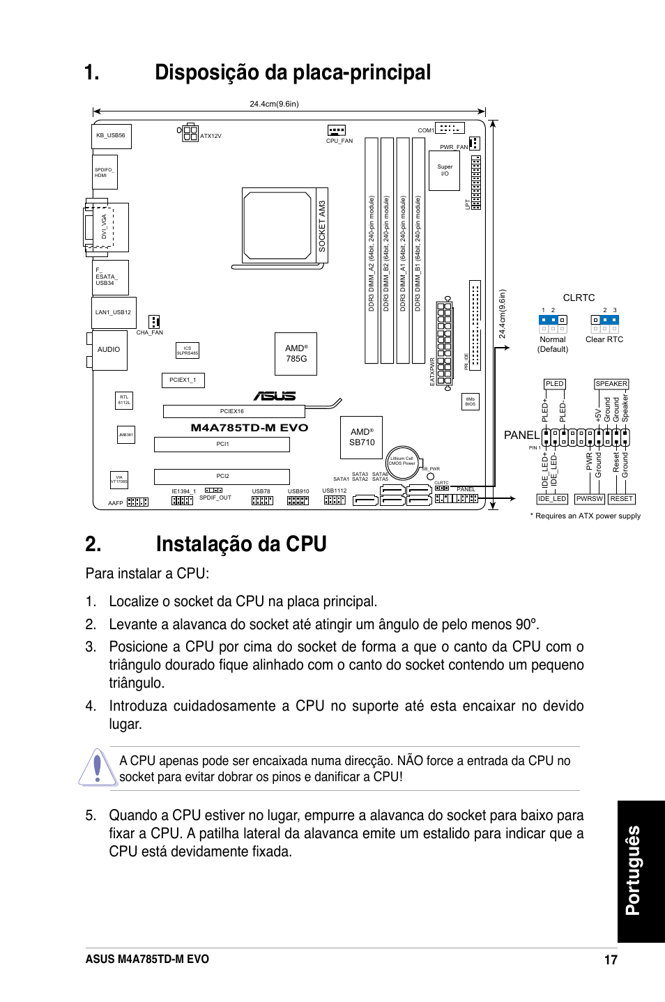 Disposição da placa-principal . instalação da cpu, Português, Asus m4a785td-m evo | Panel | Asus M4A785TD-M EVO User Manual | Page 17 / 41