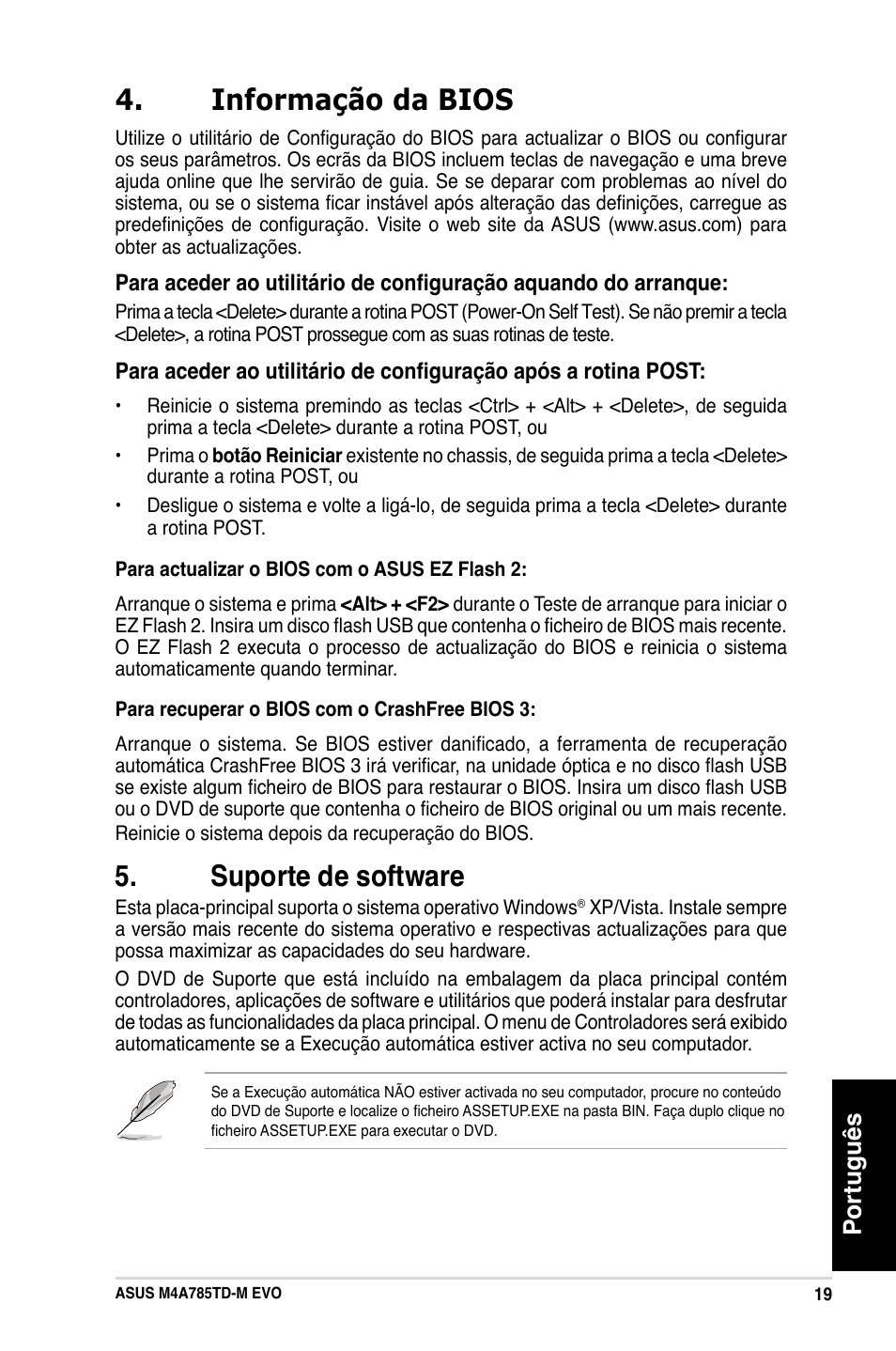 Informação da bios, Suporte de software, Português | Asus M4A785TD-M EVO User Manual | Page 19 / 41