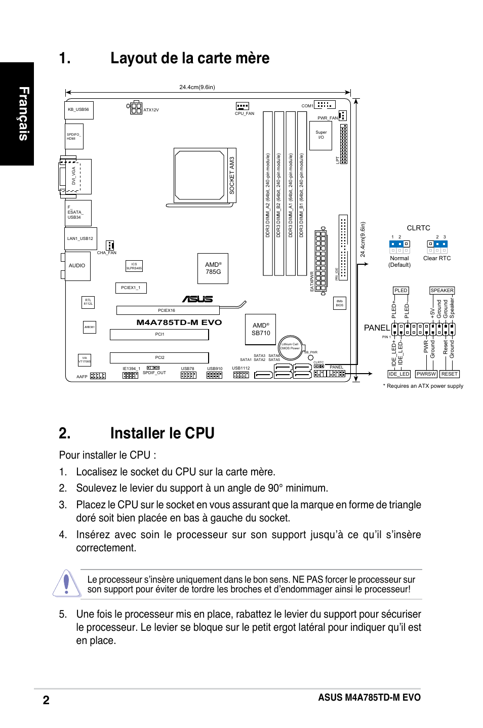 Installer le cpu, Layout de la carte mère, Français | Asus m4a785td-m evo, Panel | Asus M4A785TD-M EVO User Manual | Page 2 / 41