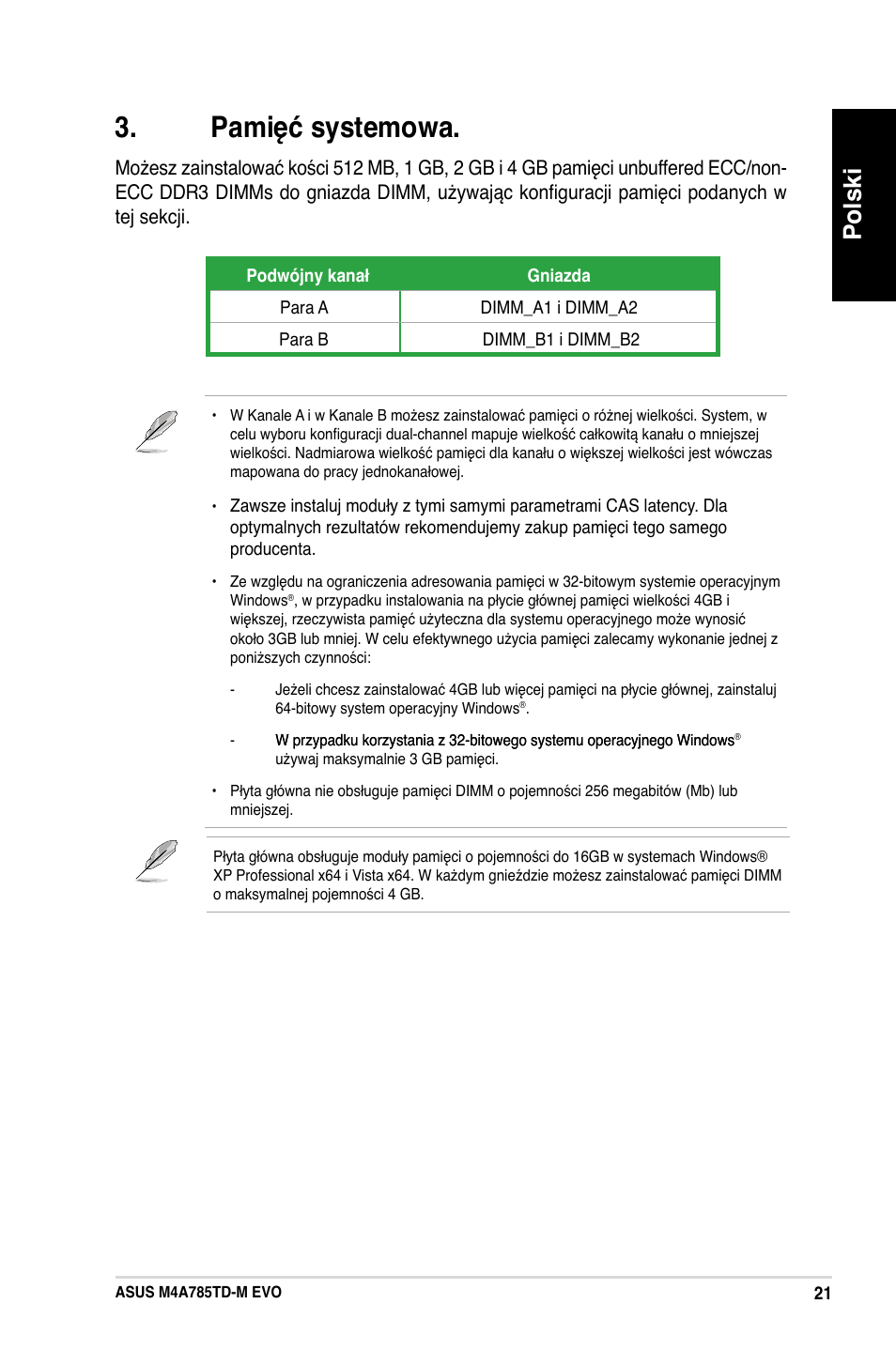 Pamięć systemowa, Polski | Asus M4A785TD-M EVO User Manual | Page 21 / 41