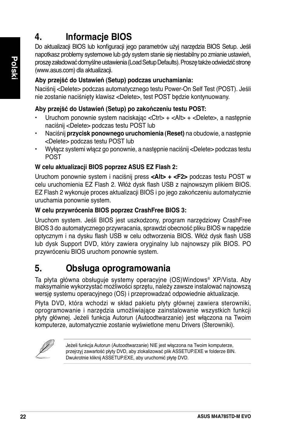 Informacje bios, Obsługa oprogramowania, Polski | Asus M4A785TD-M EVO User Manual | Page 22 / 41