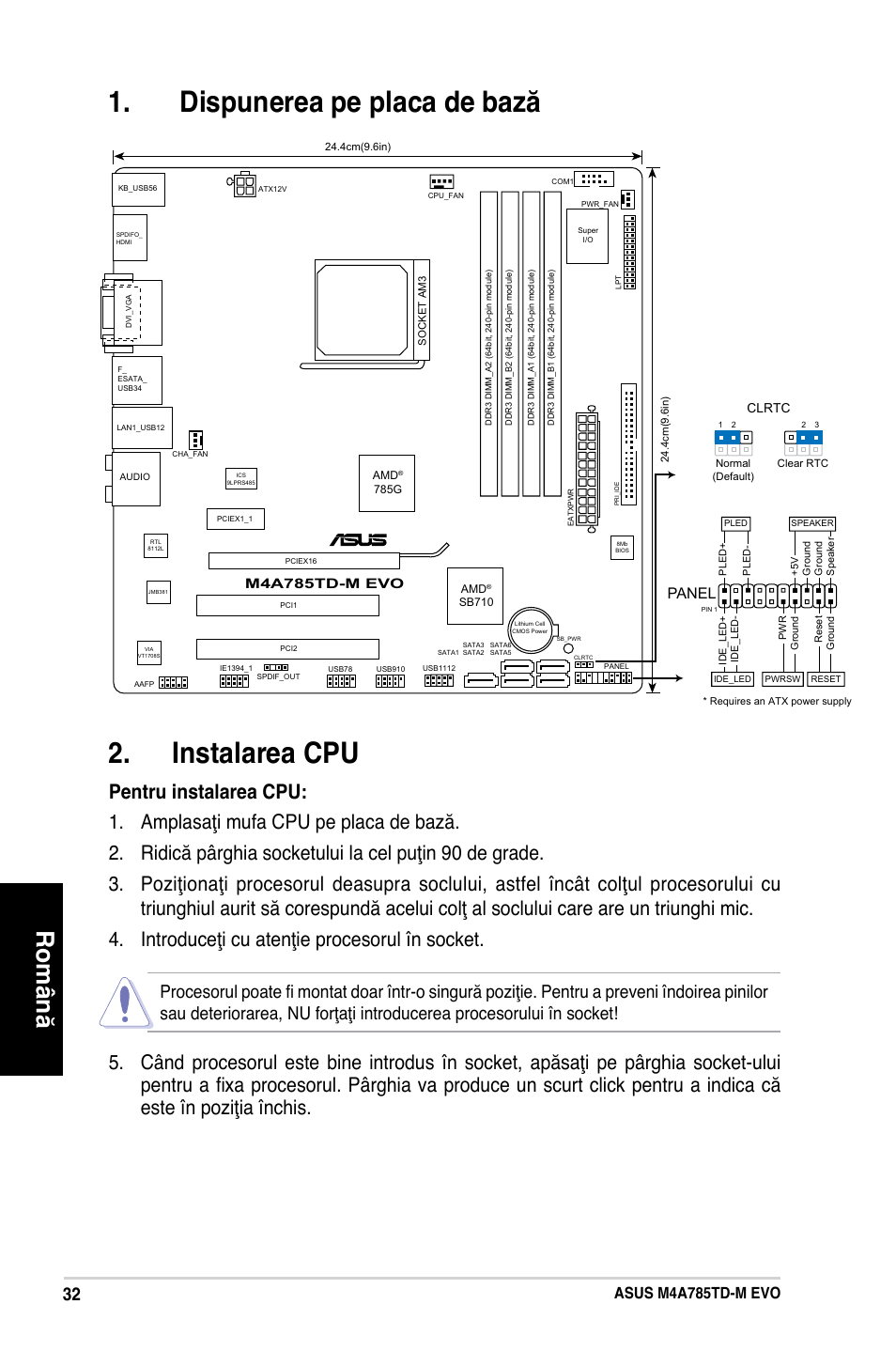 Dispunerea pe placa de bază . instalarea cpu, Română, Asus m4a785td-m evo | Panel, M4a785td-m evo | Asus M4A785TD-M EVO User Manual | Page 32 / 41