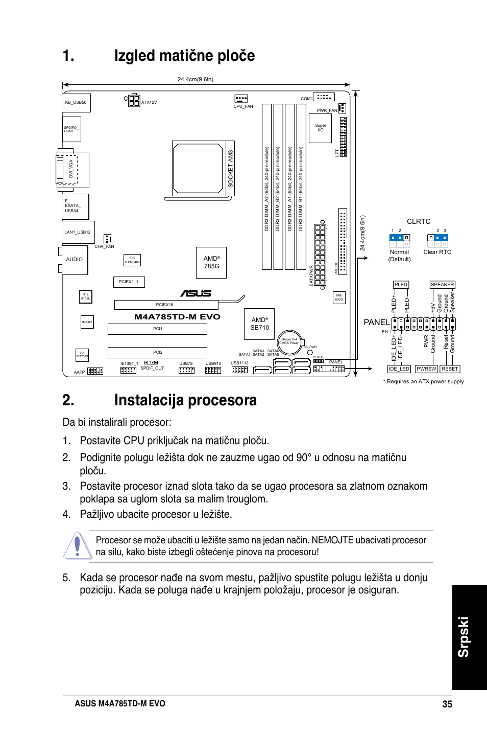 Izgled matične ploče . instalacija procesora, Srpski, Asus m4a785td-m evo | Panel | Asus M4A785TD-M EVO User Manual | Page 35 / 41