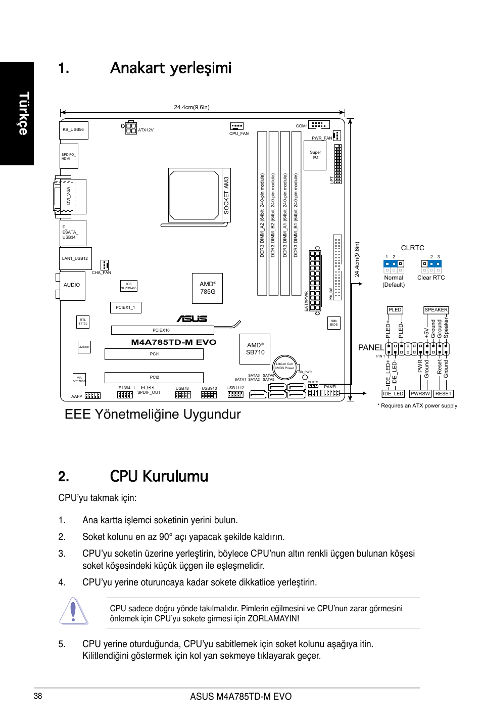 Anakart yerleşimi . cpu kurulumu, Türkçe, Eee yönetmeliğine uygundur | Asus m4a785td-m evo, Panel | Asus M4A785TD-M EVO User Manual | Page 38 / 41