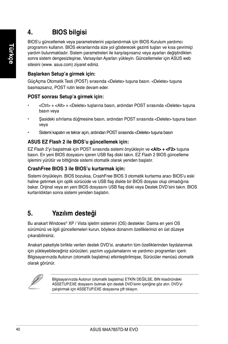 Bios bilgisi, Yazılım desteği, Türkçe | Asus M4A785TD-M EVO User Manual | Page 40 / 41