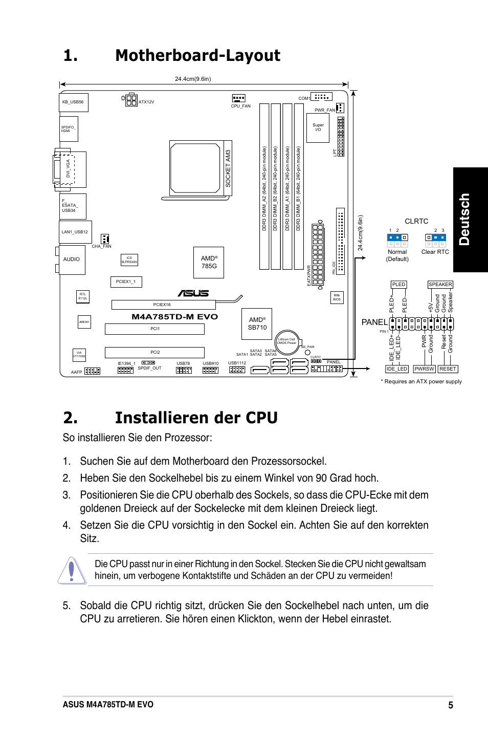 Motherboard-layout 2. installieren der cpu, Deutsch, Asus m4a785td-m evo | Panel | Asus M4A785TD-M EVO User Manual | Page 5 / 41