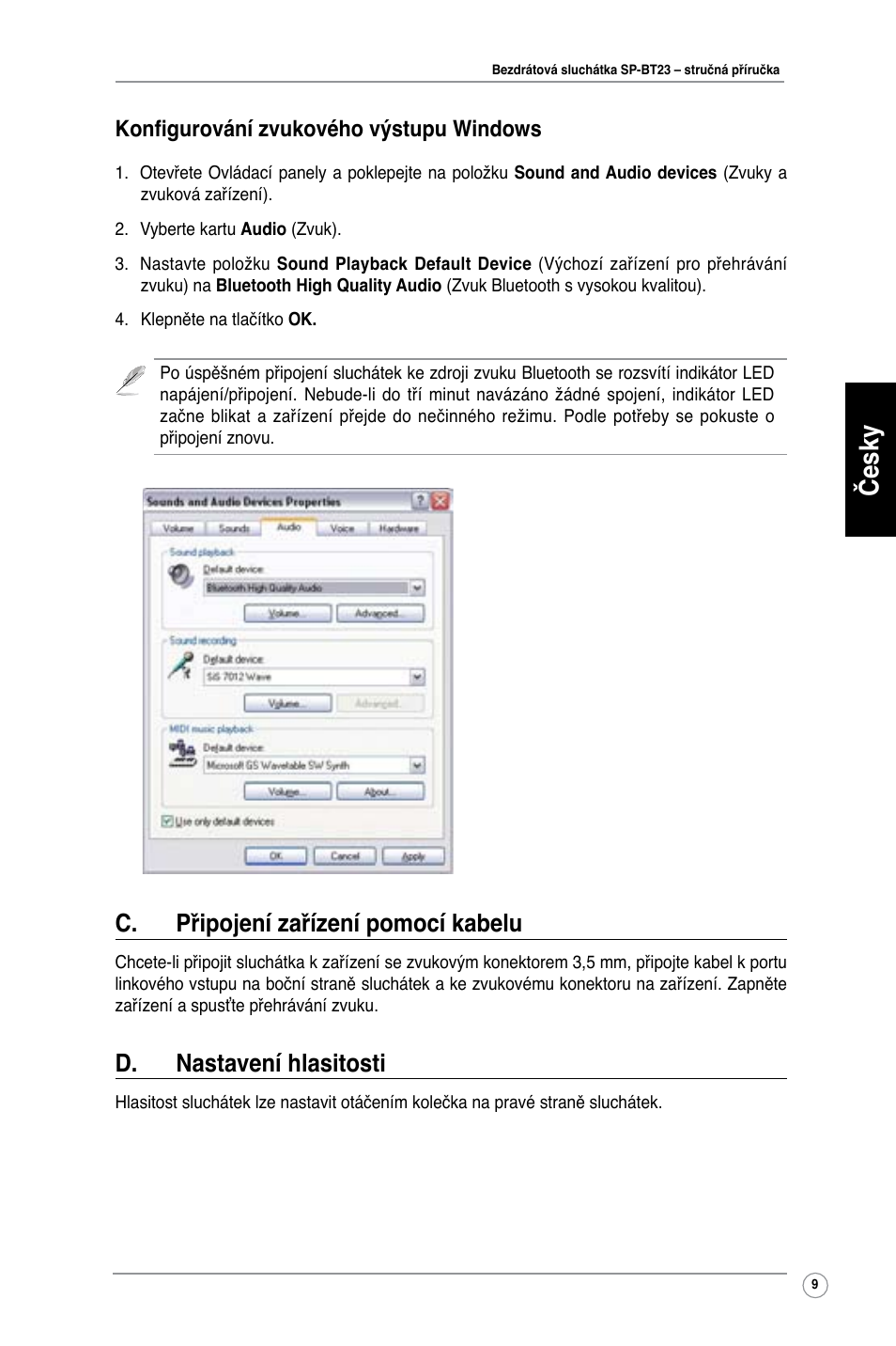 Česky, C. připojení zařízení pomocí kabelu, D. nastavení hlasitosti | Konfigurování zvukového výstupu windows | Asus SP-BT23 User Manual | Page 14 / 77