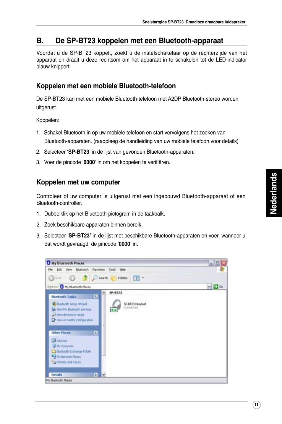 Nederlands, B. de sp-bt23 koppelen met een bluetooth-apparaat, Koppelen met uw computer | Koppelen met een mobiele bluetooth-telefoon | Asus SP-BT23 User Manual | Page 16 / 77