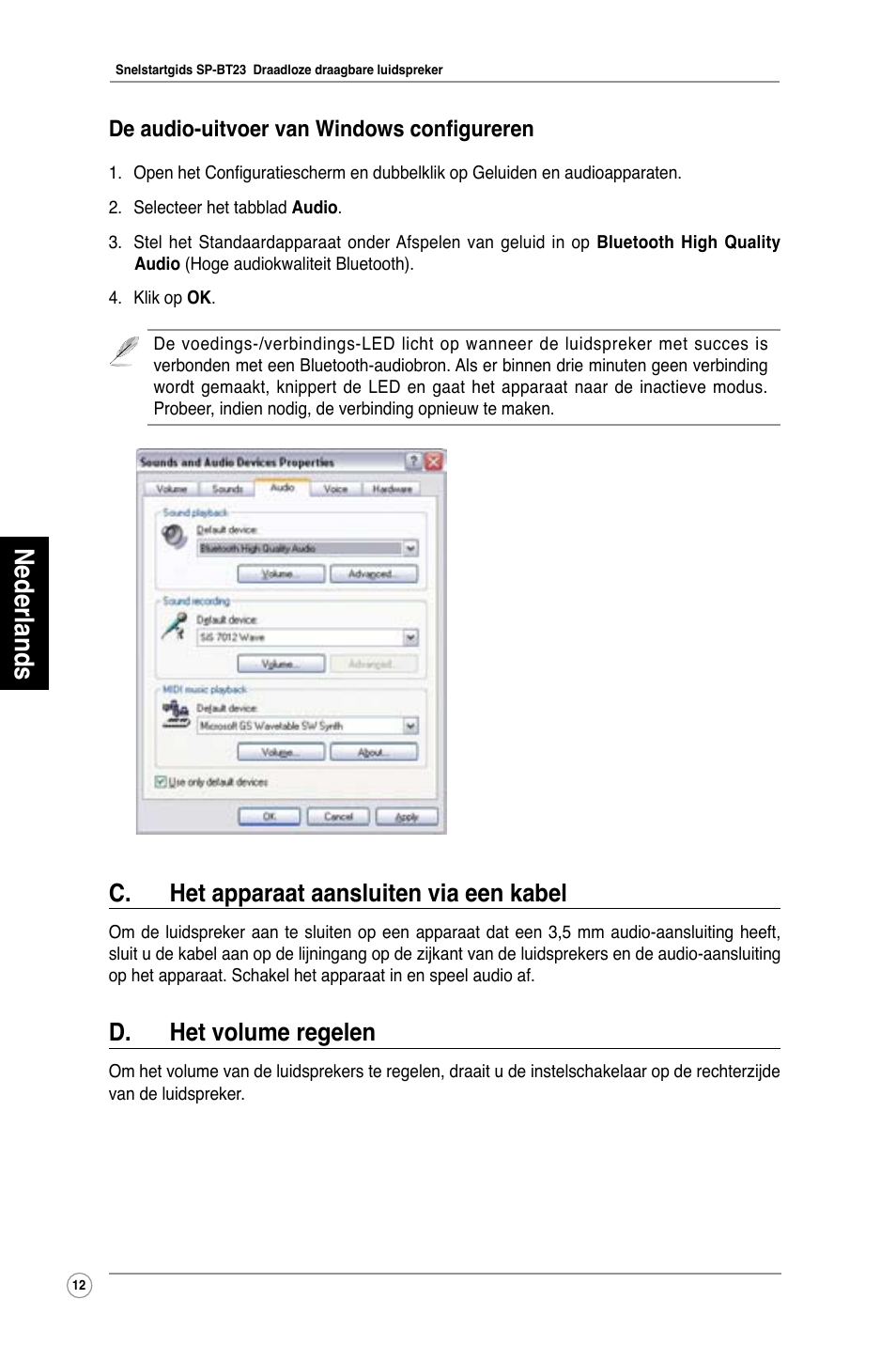 Nederlands, C. het apparaat aansluiten via een kabel, D. het volume regelen | De audio-uitvoer van windows configureren | Asus SP-BT23 User Manual | Page 17 / 77