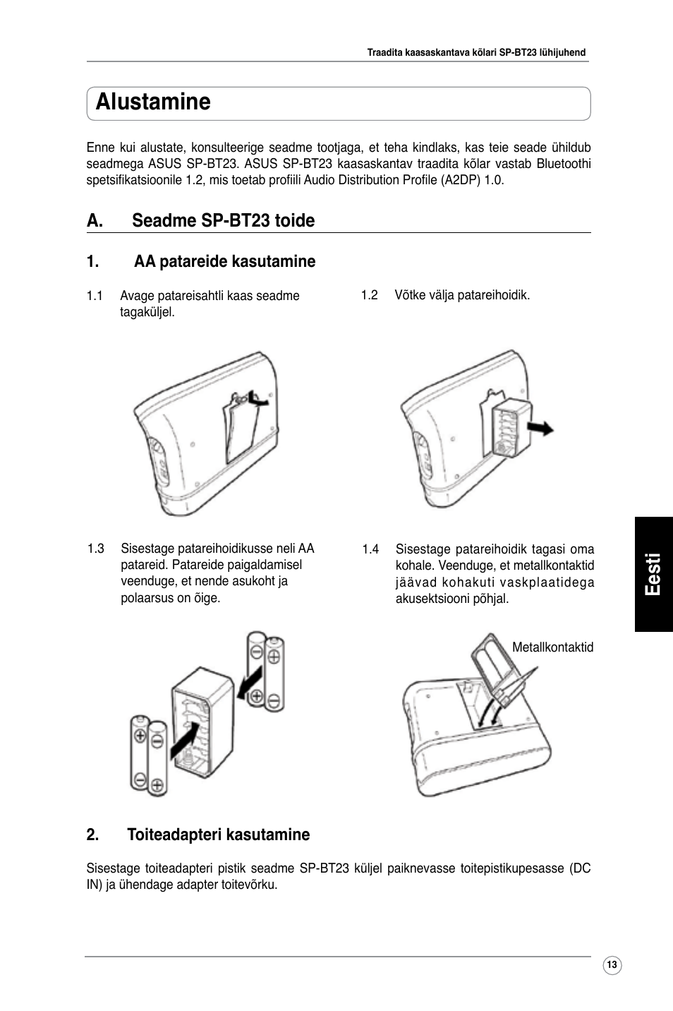 Alustamine, Eesti, A. seadme sp-bt23 toide | Aa patareide kasutamine, Toiteadapteri kasutamine | Asus SP-BT23 User Manual | Page 18 / 77