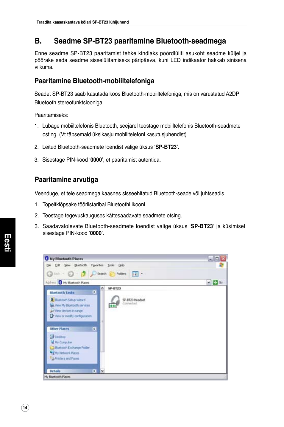 Eesti, B. seadme sp-bt23 paaritamine bluetooth-seadmega, Paaritamine arvutiga | Paaritamine bluetooth-mobiiltelefoniga | Asus SP-BT23 User Manual | Page 19 / 77