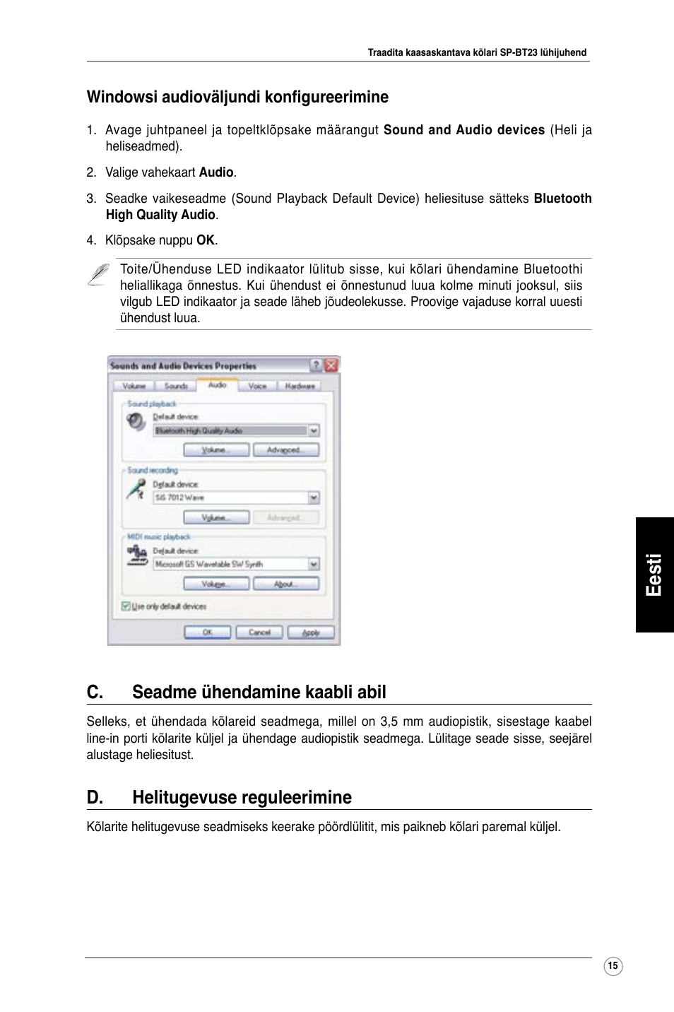 Eesti, C. seadme ühendamine kaabli abil, D. helitugevuse reguleerimine | Windowsi audioväljundi konfigureerimine | Asus SP-BT23 User Manual | Page 20 / 77