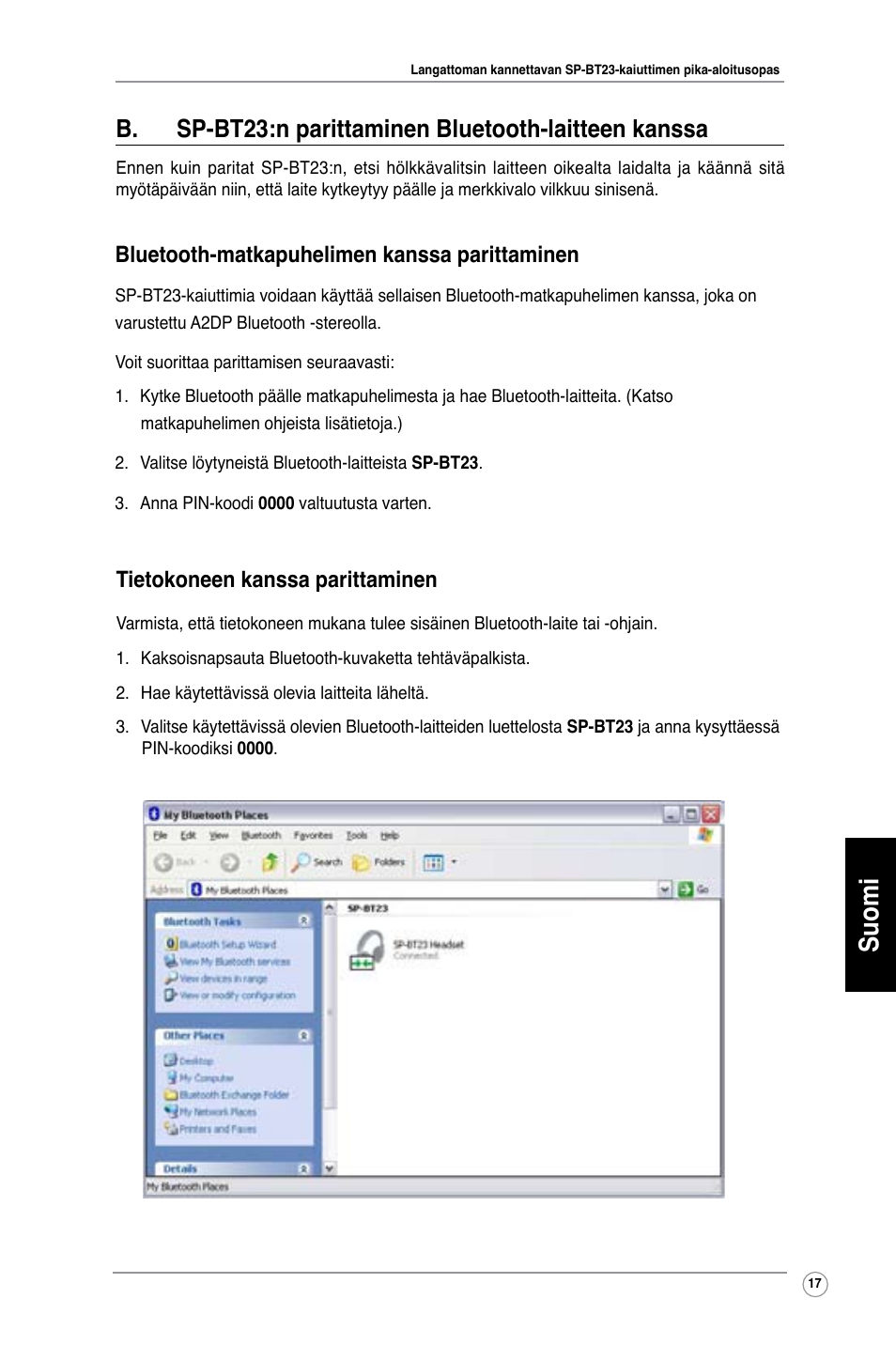 Suomi, Tietokoneen kanssa parittaminen, Bluetooth-matkapuhelimen kanssa parittaminen | Asus SP-BT23 User Manual | Page 22 / 77