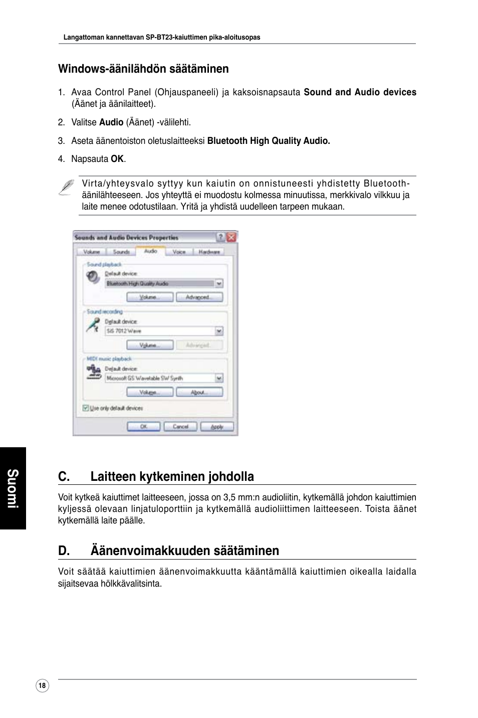 Suomi, C. laitteen kytkeminen johdolla, D. äänenvoimakkuuden säätäminen | Windows-äänilähdön säätäminen | Asus SP-BT23 User Manual | Page 23 / 77