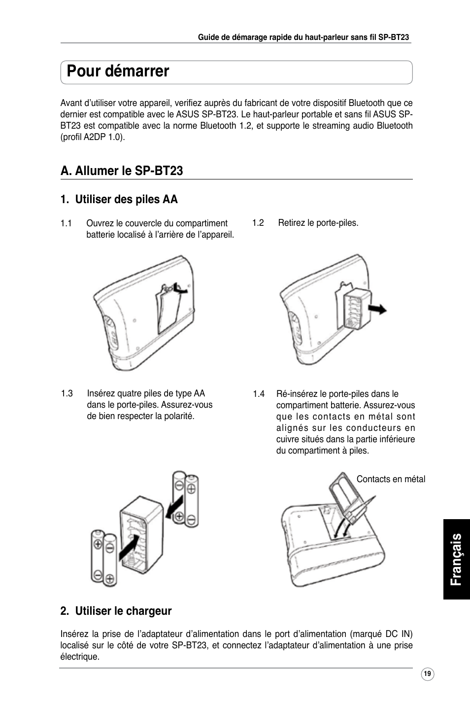 Pour démarrer, Français, A. allumer le sp-bt23 | Utiliser des piles aa, Utiliser le chargeur | Asus SP-BT23 User Manual | Page 24 / 77