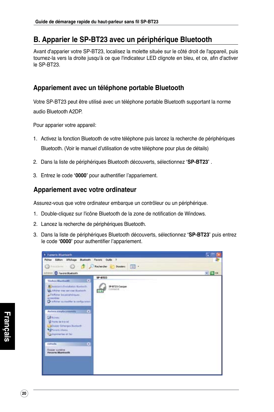 Français, Appariement avec votre ordinateur, Appariement avec un téléphone portable bluetooth | Asus SP-BT23 User Manual | Page 25 / 77