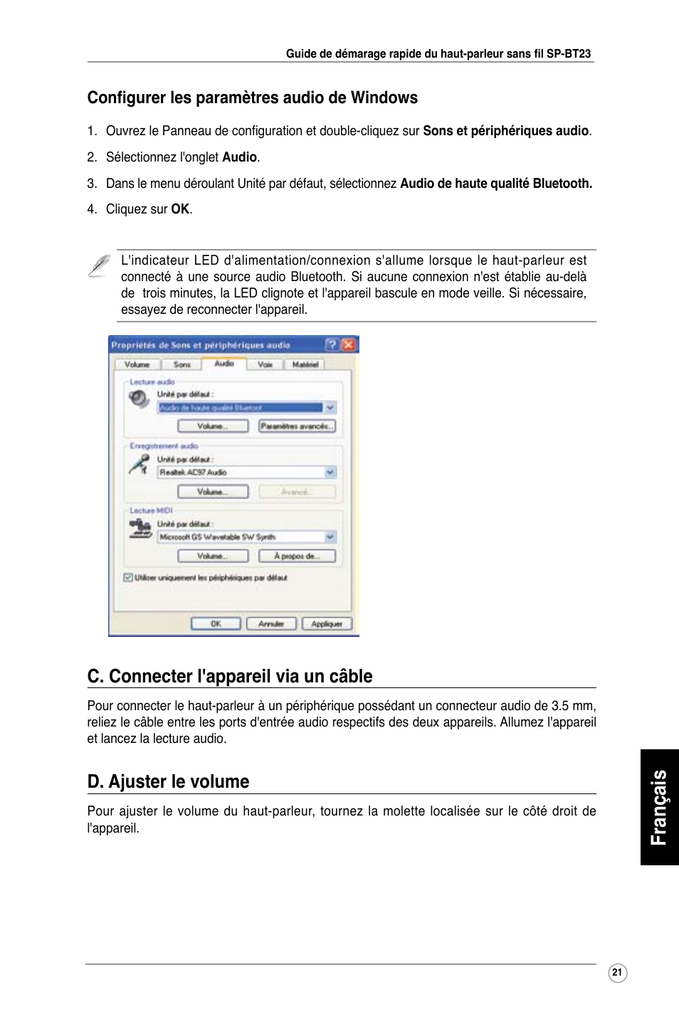 Français, C. connecter l'appareil via un câble, D. ajuster le volume | Configurer les paramètres audio de windows | Asus SP-BT23 User Manual | Page 26 / 77