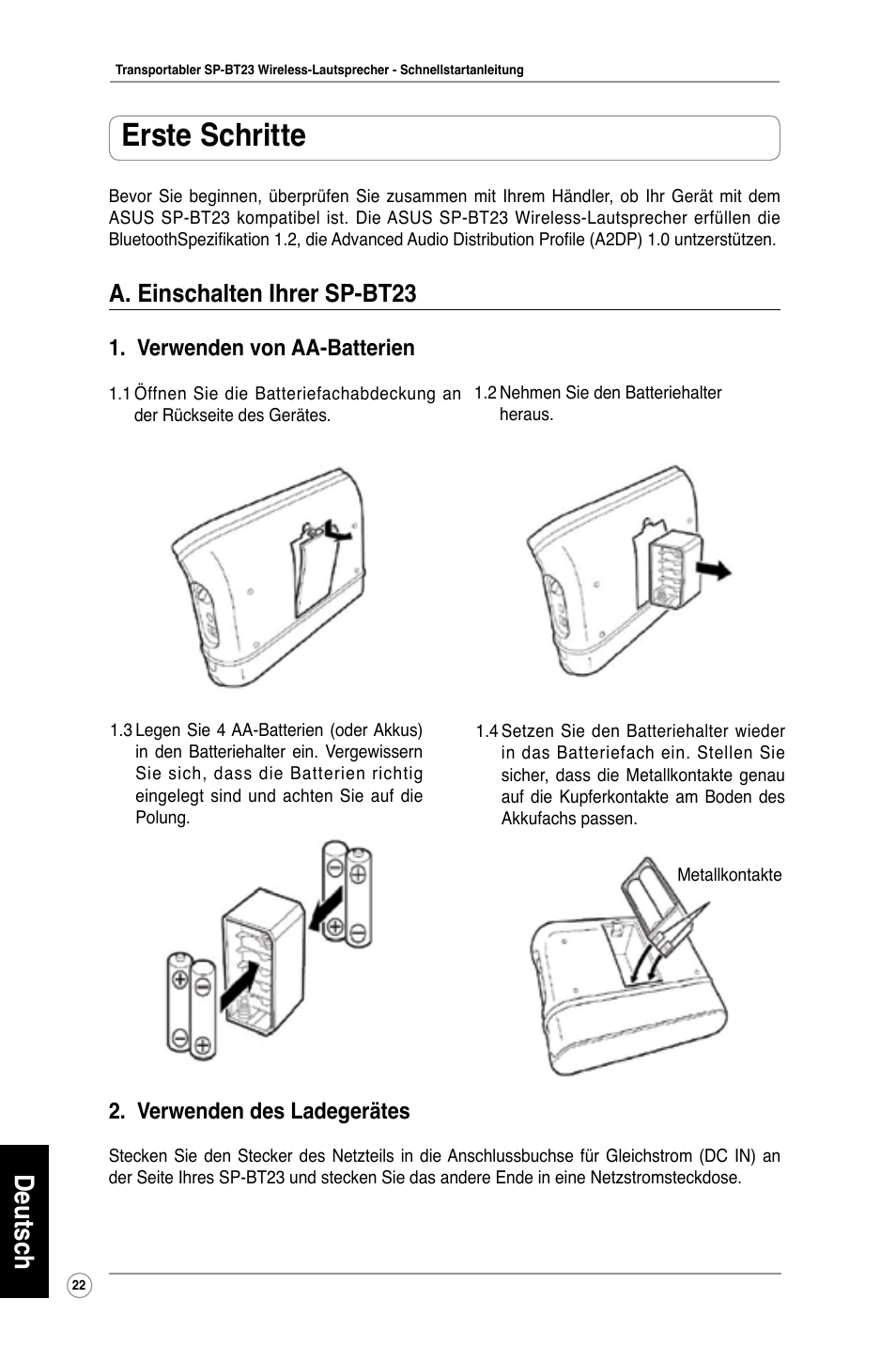 Erste schritte, Deutsch, A. einschalten ihrer sp-bt23 | Verwenden von aa-batterien, Verwenden des ladegerätes | Asus SP-BT23 User Manual | Page 27 / 77