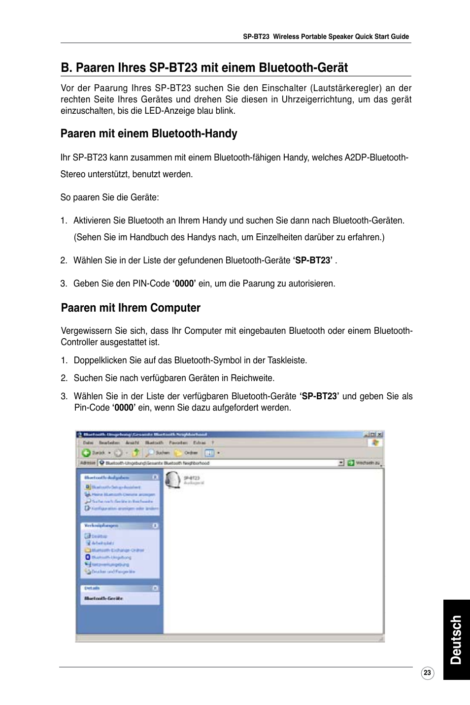 Deutsch, B. paaren ihres sp-bt23 mit einem bluetooth-gerät, Paaren mit ihrem computer | Paaren mit einem bluetooth-handy | Asus SP-BT23 User Manual | Page 28 / 77