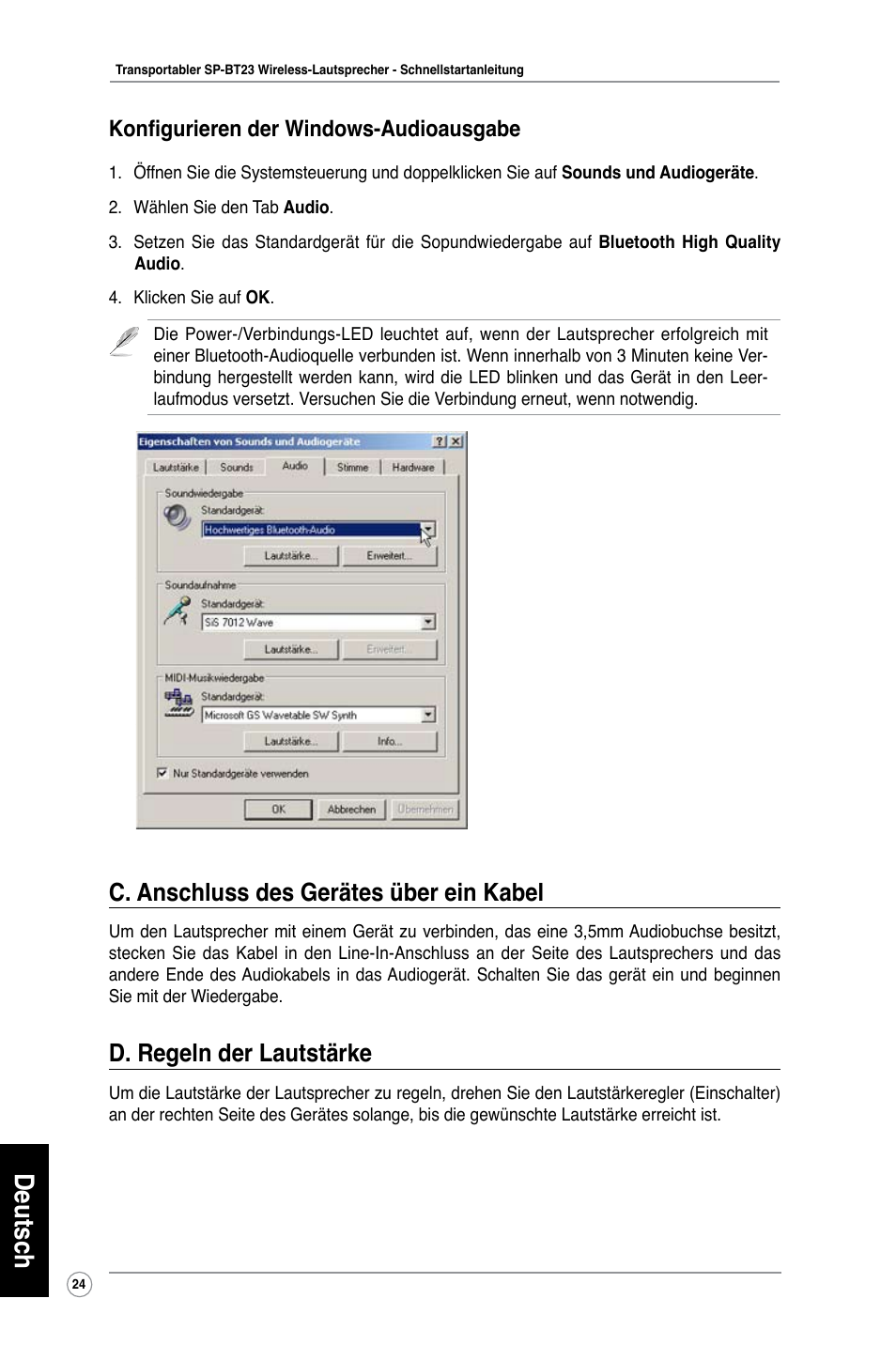 Deutsch, C. anschluss des gerätes über ein kabel, D. regeln der lautstärke | Konfigurieren der windows-audioausgabe | Asus SP-BT23 User Manual | Page 29 / 77